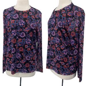 Banana Republic Mesh Top Floral Boho Paisley Print Long Sleeves Black Womens XL